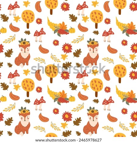 Autumn fall thankgiving pattern with cartoon characters, thanksgiving holiday background, fall wild animal fox, seasonal food with pumkin.