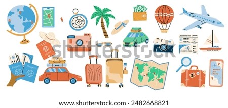 Trip planning world tour concept illustrations set. Travel stickers collection. Summer vacation plane and ship, baloon, car and other transports, holiday icons set. Travel destinations choose.