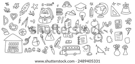 Childrens school doodle outline elements set. Education stationery supplies, school building, globe, books and other student accessory icons.