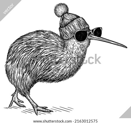 black and white engrave isolated Kiwi bird vector illustration