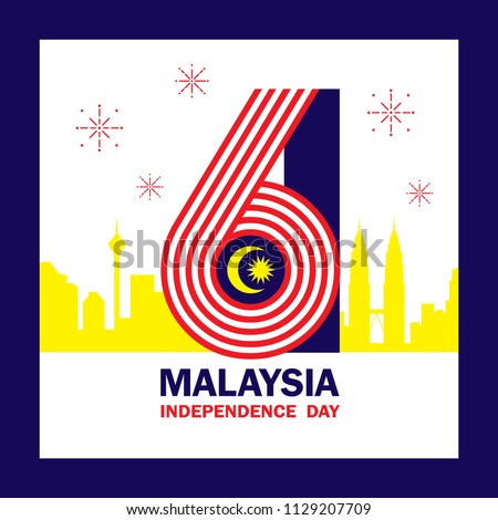 31 August - Malaysia Independence Day illustration with number 61 and city skyline base on Malaysia flag colours. 