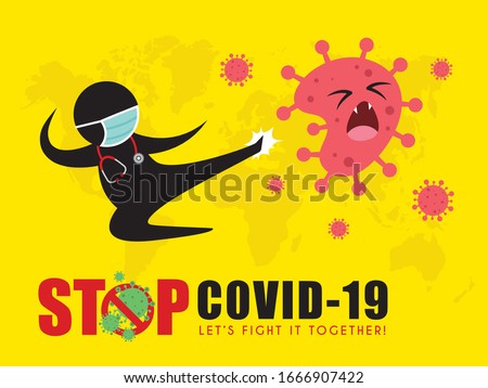 Stick figure man in medical face mask fly kick coronavirus. Stop coronavirus (covid-19) vector illustration. Doctor fighting coronavirus pictogram. Epidemic infectious disease concept art poster.