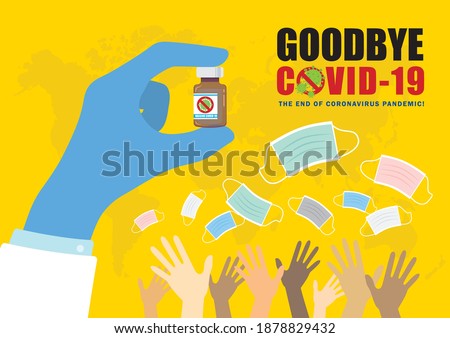 
Anti Covid-19 coronavirus vaccination for immunization treatment concept art. People are free from wearing face mask. Taking off or removing face mask. Goodbye, end of Covid-19 vector illustration.