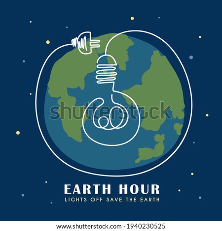 Earth Hour. Light bulb with power plug continuous line art drawing. Abstract minimal eco energy saving concept art. Lights off 60 minutes, save the Earth. Flat vector illustration.