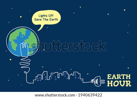 Earth Hour copy space. Light bulb with power plug and cityscape continuous line art drawing. Abstract minimal eco energy saving concept art. Lights off 60 minutes, save the Earth. Vector illustration.