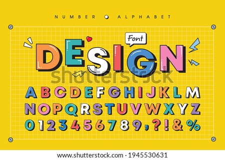 Modern playful alphabet letter and number set. Bright, vivid multicolor funky font or typography. Vector bold font for poster, flyer, book cover, greeting card, product packaging, graphic print, etc. Foto stock © 