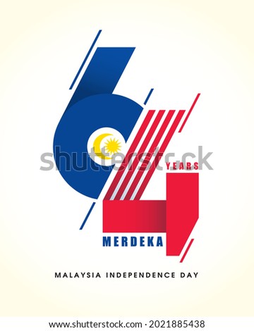 31 August - Malaysia Independence Day. Modern number 64 abstract art refer to Malaysia flag colour. 64th years symbol or logo design. Merdeka means independent or freedom.