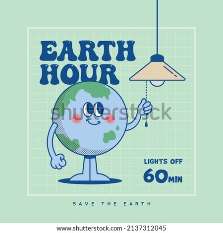 Old retro style cartoon earth globe turning off the lights. Eco energy saving concept vector illustration. Simple vintage cartoon character for poster, web, cover, banner.