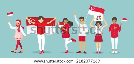 9 August - Singapore Independence Day. Singapore citizen with national flag. Cartoon Malay, Chinese and Indian people celebrate national day. Flat design. Vector illustration.