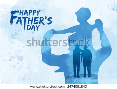 Father and son silhouette with blue watercolor background. Happy Father's day greeting illustration. Cartoon child sitting on father shoulder. Young man walking with father. Fatherhood lifestyle.