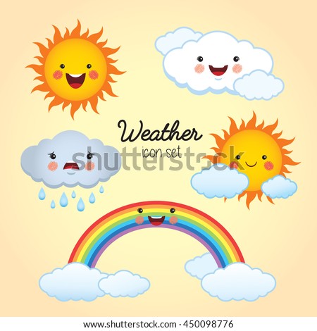 Weather icon set. Sunny, cloudy, rainy, partly cloudy and rainbow cartoon character. Vector illustration.