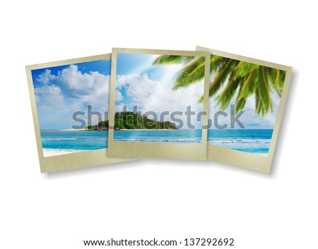 Beautiful sunny tropical beach on the island paradise in the middle of the sea. Collage