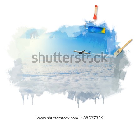 Hand painting image of beautiful blue sunny sky with clouds