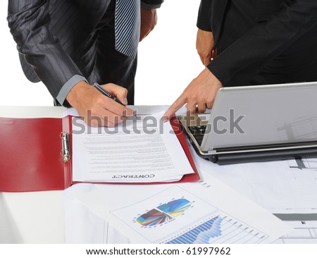 Signing the document partners. Isolated on white background