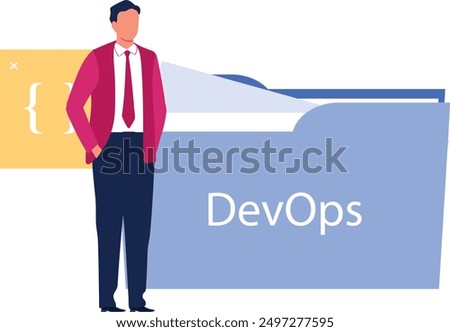 A boy is standing near the DevOps folder.