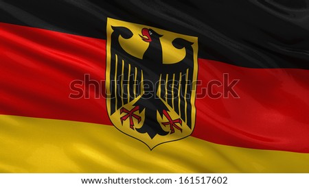 Flag of Germany with coat of arms waving in the wind