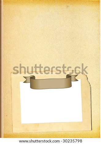 Blank page of a vintage photo album with one photo frame and decorative ribbon