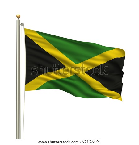 Flag Of Jamaica With Flag Pole Waving In The Wind Over White Background ...