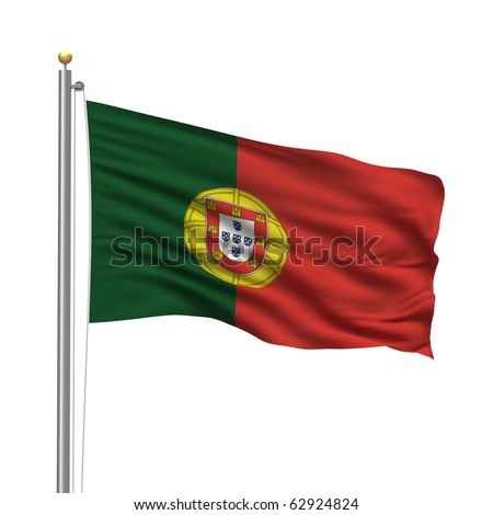 Flag Of Portugal With Flag Pole Waving In The Wind Over White ...