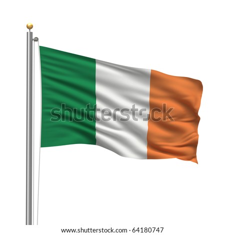 Flag Of Ireland With Flag Pole Waving In The Wind Over White Background ...