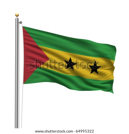 Flag Of Sao Tome And Principe With Flag Pole Waving In The Wind Over ...