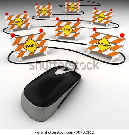 Computer mouse with internet security threats concept