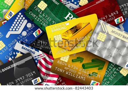 Different fake credit cards spread out. All logos, banks and names are fake and are NOT real.