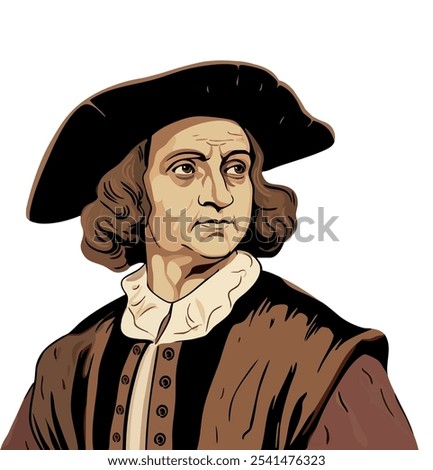 Illustrated Vector Drawing of Christopher Columbus. Italian explorer who sailed across the Atlantic in 1492, reaching the Americas, forever altering the course of history.