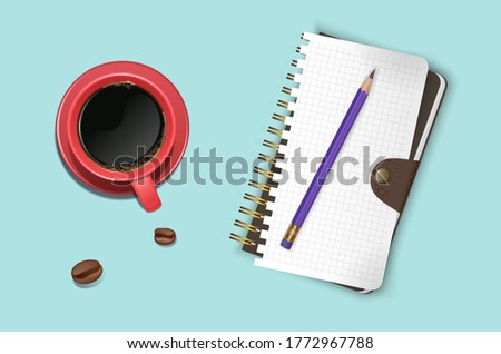 top view illustration with open notebook and blank pages next to cup of coffee, ready for adding text or mockup. vector eps 10 format illustration