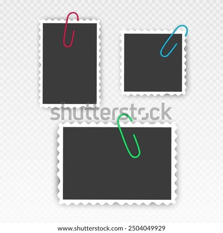 Photo frame set with blank place with sticky tape, paper clip, binder clip on transparent background, Photo frame illistrations on light