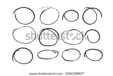 Set of sketch contours of a ellipse on white background, drawn manually with a single line marker. An empty element for marking, highlighting important things, Vector format