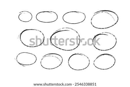 Set of sketch contours of a ellipse on white background, drawn manually with a single line marker. An empty element for marking, highlighting important things, Vector format