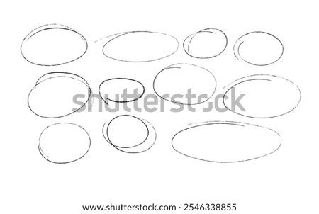 Set of sketch contours of a ellipse on white background, drawn manually with a single line marker. An empty element for marking, highlighting important things, Vector format