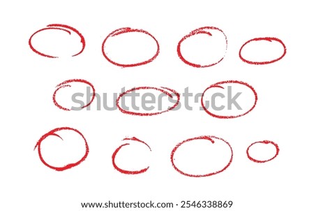 Set of sketch contours of a ellipse on white background, drawn manually with a single line marker. An empty element for marking, highlighting important things, Vector format