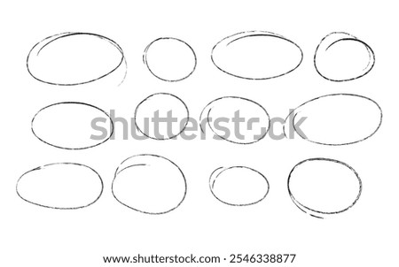 Set of sketch contours of a ellipse on white background, drawn manually with a single line marker. An empty element for marking, highlighting important things, Vector format