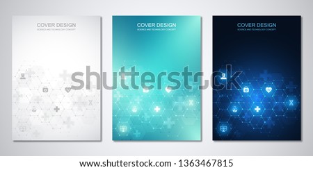 Template brochure or cover with medical icons and symbols. Healthcare, science and innovation technology concept