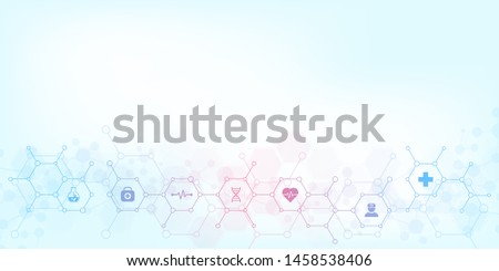 Abstract medical background with flat icons and symbols. Template design with concept and idea for healthcare technology, innovation medicine, health, science and research. Vector illustration