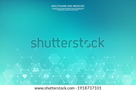 Medical background and healthcare technology with flat icons and symbols. Concept and idea for health care business, innovation medicine, health safety, science, medical research, and development.