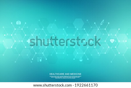 Medical background and healthcare technology with flat icons and symbols. Concept and idea for health care business, innovation medicine, health safety, science, medical research, and development.