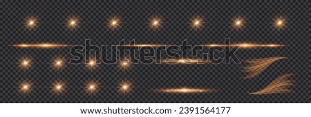 Set of horizontal rays and lights. Golden highlights, laser beams, luminous line. There is a beautiful flash of light on a transparent background.