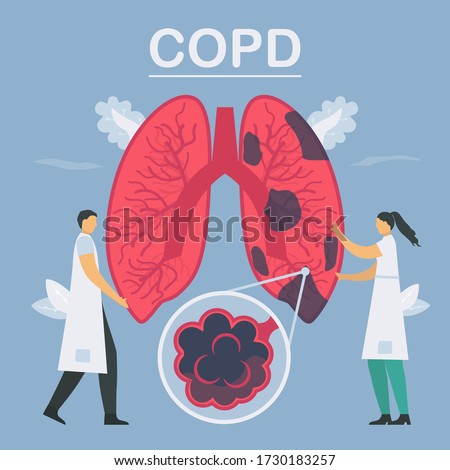Chronic obstructive pulmonary disease or COPD. Lung have breathing problems and poor airflow. Vector illustration in flat design.