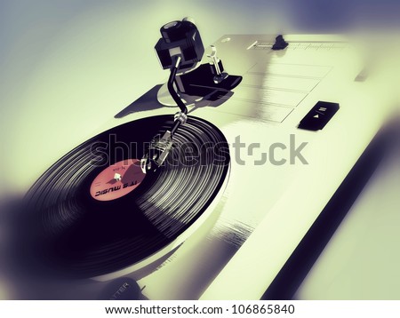 3d-modeled vinyl player, representing concepts such as vintage objects, entertainment, parties, nightclubbing, music, as well as mixing by deejays and animation