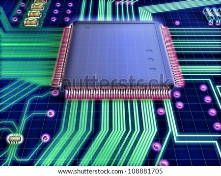 Illustration of a processor prototype, referring to concepts such as product design, research and development, as well as high-technology