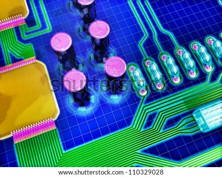 Illustration of a circuit board, referring to concepts such as electronics, product design, research and development, as well as high-technology