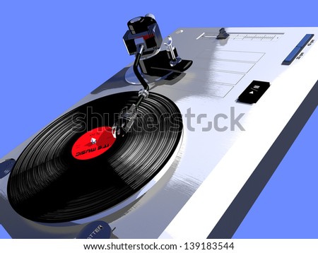 3D-modeled representation of a record player with a turning vinyl, referring to concepts such as vintage objects, entertainment, parties, nightclubbing, music, as well as deejay mixing and animation