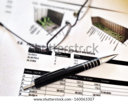 Illustrated pen and glasses laying on a report with statistics, referring to concepts such as corporate reporting, scientific studies, professional occupations, business and project management