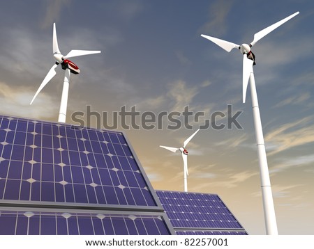 Solar cells and wind turbines, illustrating concepts such as green power, greentech, environmental protection, sustainable growth and technologies in general