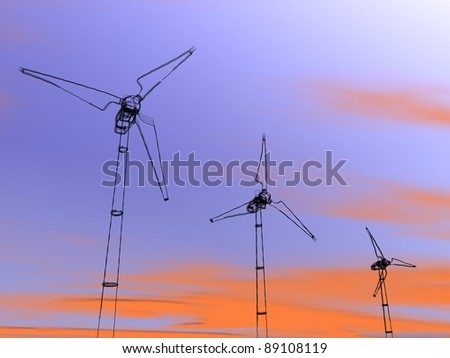 Sketched wind turbines with a sky background, representing notions such as green technologies, sustainable development, alternative energy sources as well as respect of the environment