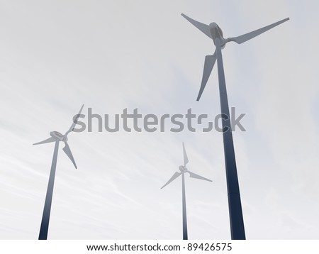 3D-modeled wind plant in a misty environment, representing notions such as green technologies, sustainable development, alternative energy sources as well as respect of the environment