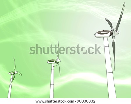 Sketched wind turbines with an abstract background, representing notions such as green technologies, sustainable development, alternative energy sources as well as respect of the environment